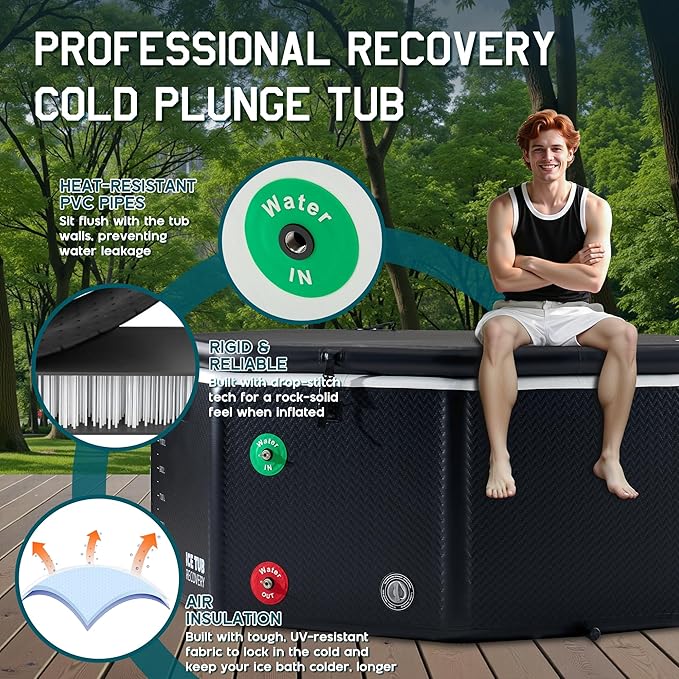 Albott Inflatable Cold Plunge Tub for Athletes, Ice Bath Tub with Insulated Lid Non-Slip Mat & Handles, Water Chiller Compatible, Portable for Indoor & Outdoor Recovery, 525 Gal, 79"L x 79"W x 33"H