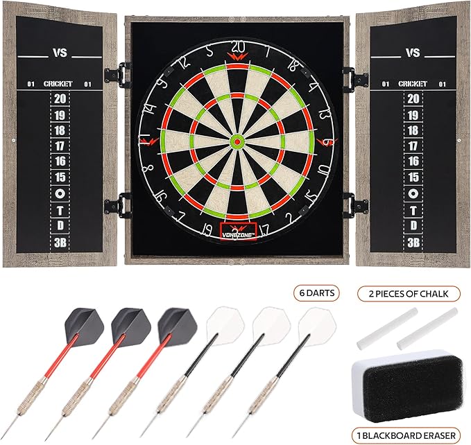 Dartboard Cabinet Set - Easy Assembly One Piece Sports Hemp Dartboard Scoreboard - Play Immediately - 6 Dart Chalk Set for Home Game Bar Accessories, Gray