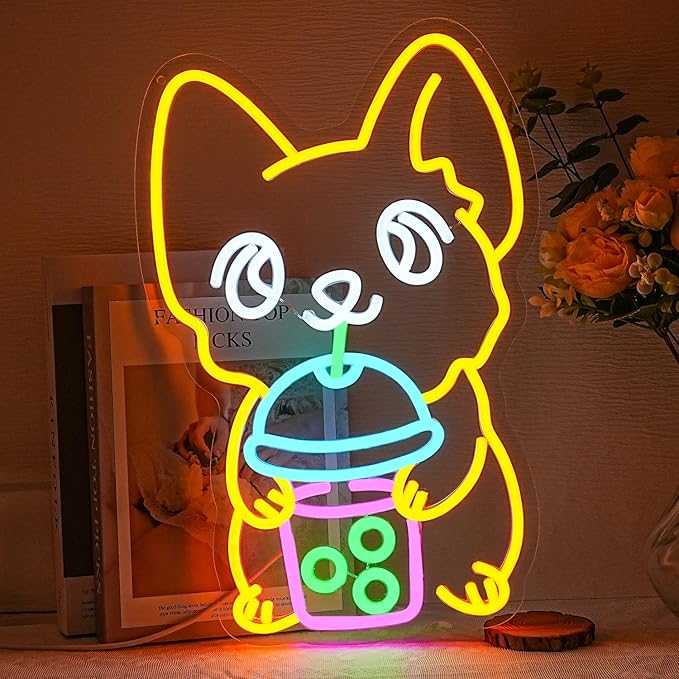Corgi Neon Sign Bubble Tea Neon Light for Wall Decor Colorful Neon Sign Dog Neon Signs for Bedroom Dessert Coffe Shop Store Business Wall Decoration