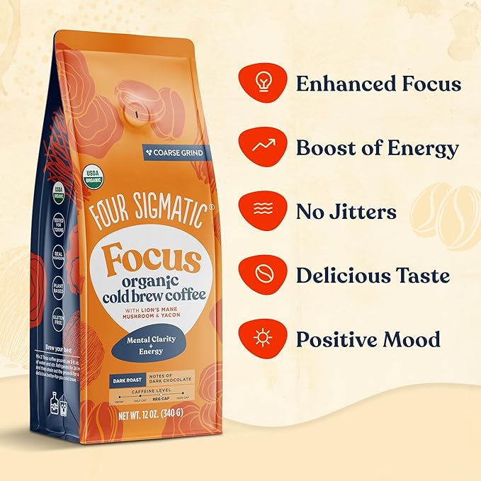 Four Sigmatic Organic Cold Brew Coffee Grounds | Dark Roast, Coarse Grounds with Lion's Mane and Chaga | Cold Brew Mushroom Coffee for Crash-Free Focus | 12 oz Bag