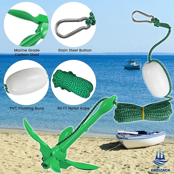 Dreizack Kayak Anchor Kit, 3.5 lb Folding Grapnel Boat Anchor Trolley Accessories with 40ft Rope and PVC Buoy for Fishing Kayaks SUP Paddle Boards Canoes Jet Ski PWC Inflatable Small Boats