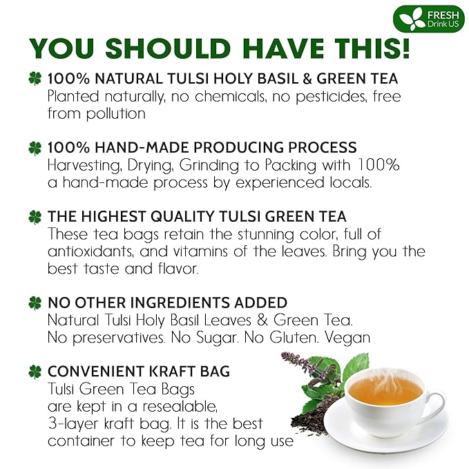 FreshDrinkUS, Premium 135 Tulsi Green Tea Bags, 100% Natural, Blend of Tulsi Holy Basil Leaves, and Green Tea Leaves. Made with Natural Material Tea Bags. No Sugar, Vegan.