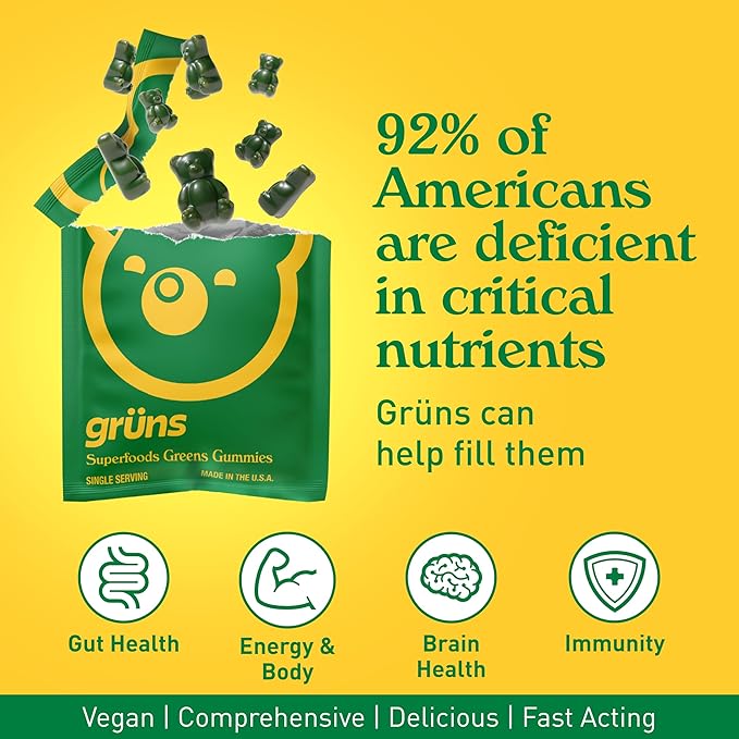 Gruns Sugar-Free Super Greens Gummies, Multivitamin Superfood Gummy Bears, Spirulina, Chlorella, Prebiotics & Fiber gummies for Digestive Health, Adaptogens Supplement, 20 Vitamins & Minerals, 10 pack