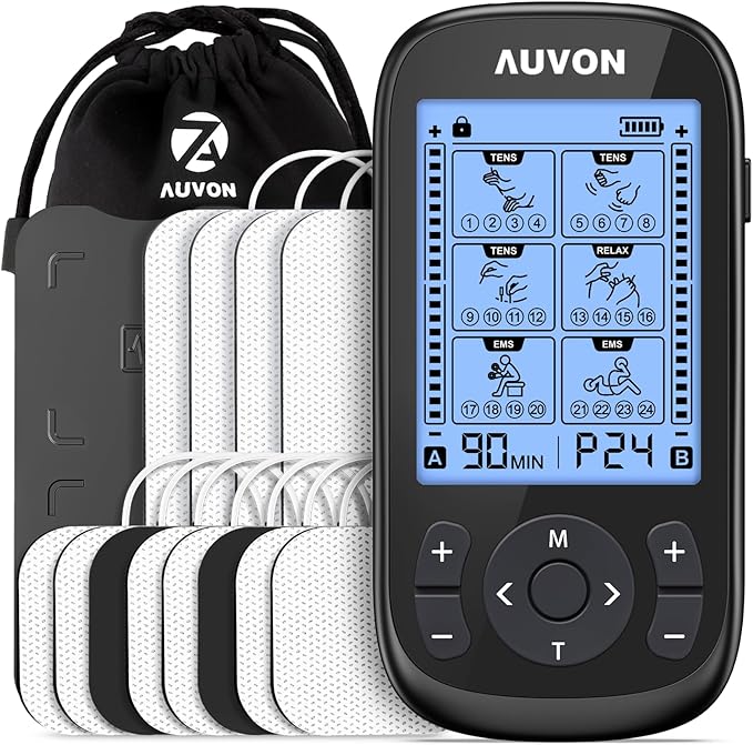AUVON 3-in-1 TENS Unit Muscle Stimulator, EMS Massage Machine with 40 Intensities for Gradual Shoulder, Sciatica, Back Pain Relief, 24 Modes Rechargeable Electronic Pulse Massager with 12 TENS Pads