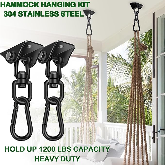 Hammock Hanging Kit, Porch Swing Hanging Kit 1200 Lb Capacity, Hammock Ceiling Hooks Heavy Duty 360°Rotating Hanging Swing Chair Hardware for Hammock Chair Stand, Porch, Yoga, Gym