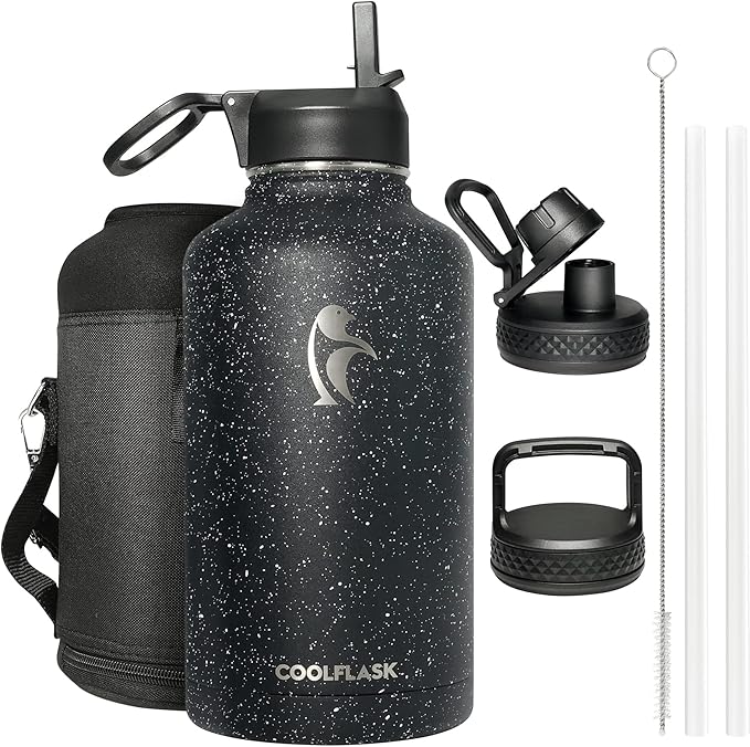 Coolflask 64 oz Insulated Water Bottle with Straw&3 Lids, Half Gallon Insulated Water Jug Galaxy Large Metal Stainless Steel Flask for Gym, Sports and Office, Keep Cold 48H Hot 24H, Starry Night