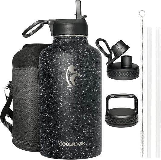 Coolflask 64 oz Insulated Water Bottle with Straw&3 Lids, Half Gallon Insulated Water Jug Galaxy Large Metal Stainless Steel Flask for Gym, Sports and Office, Keep Cold 48H Hot 24H, Starry Night