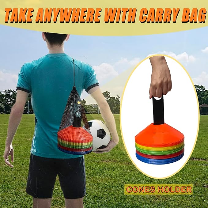 Disc Cones for Sports Training, 25/50 Pack Agility Soccer Cones with Carry Bag and Holder, Soccer, Football, Basketball, Coaching, Practice Equipment, 5 Color