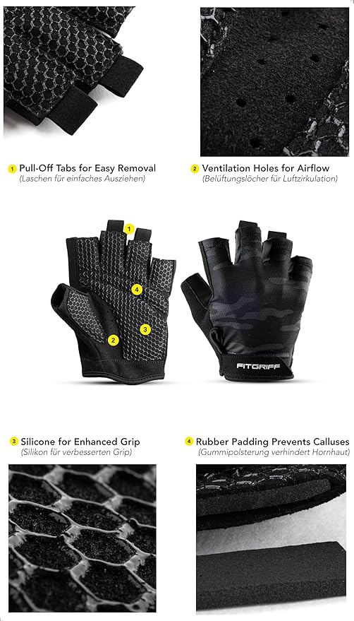 Fitgriff® Workout Gloves (Padded) for Men & Women - Fingerless Gym Gloves for Weight Lifting, Training - Full Palm Protection
