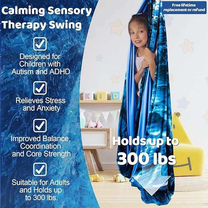 Double Layer Sensory Swing for Kids & Adults Holds up to 300lbs Indoor and Outdoor Therapy Cuddle Swing with 360° Swivel Hanger Kit Adjustable with Aspergers Autism ADHD (Ice Teal)