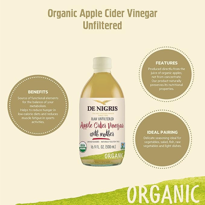 De Nigris Organic Apple Cider Vinegar With Honey & Turmeric, Raw & Unfiltered 16,9 Oz (Pack of 2) | Apple Cider Vinegar With Mother For The Balance Of Metabolism, Organic