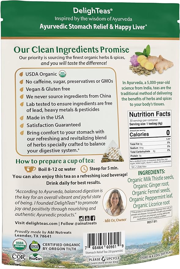 DelighTeas Liver Detox Tea Bags | Eco-Conscious Pyramid Tea Bags | Ayurvedic Stomach Relief & Liver Support | USDA Organic, Vegan, Caffeine Free, Kosher | 30 Tea Bags, 4g each
