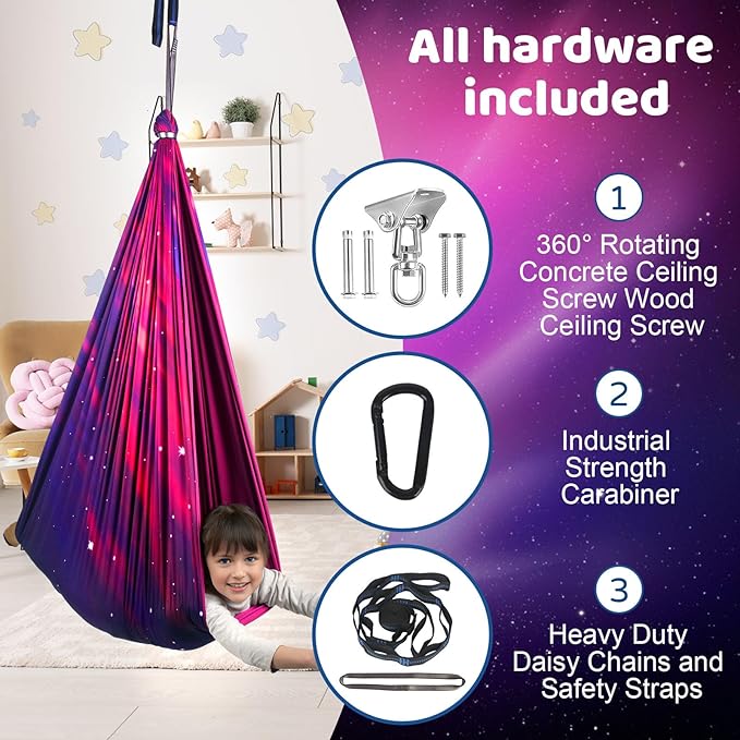 Double Layer Sensory Swing for Kids & Adults Holds up to 300lbs Indoor and Outdoor Therapy Cuddle Swing with 360° Swivel Hanger Kit Adjustable with Aspergers Autism ADHD (Galaxy Purple)