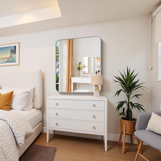 FORBATH 30x36 Inch Silver Bathroom Mirror for Over Sink, Large Rectangular Wall Mirror with Metal Frame, Rounded Corners for Bathroom, Bedroom, Entryway Decor (Horizontal or Vertical)