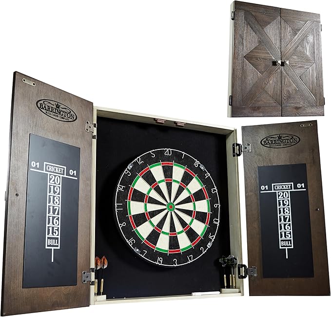 Barrington Dartboard Multiple Styles Pre-Assembled Wood Dartboard Cabinet Collection with 18” Bristle Dartboard & Steel Tip Dart Set, Perfect for Cricket Games