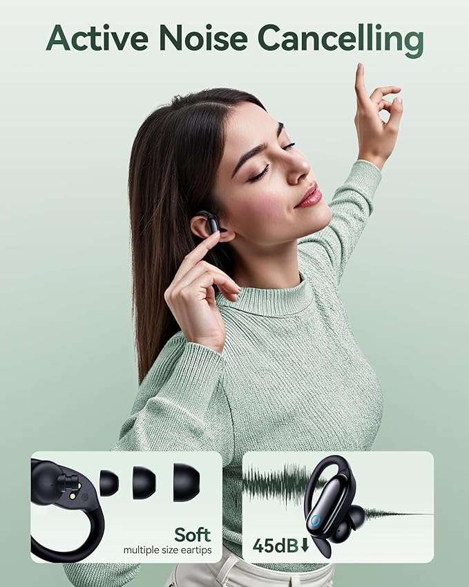 GNMN Active Noise Cancelling Ear Buds Wireless Earbuds 96hrs Playback Bluetooth Headphones IPX7 Waterproof Stereo Bass Over-Ear Earphones with Earhooks Microphone LED Battery Display for Sports/Gym