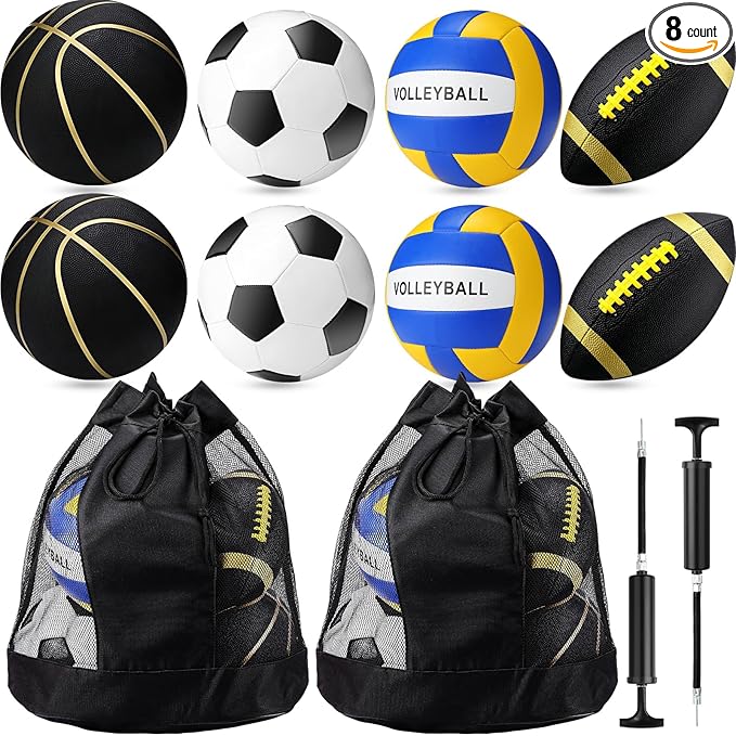 8 Pcs Sports Balls Set Include Basketball Football Soccer Volleyball with 2 Sport Equipment Bags 2 Pumps for Teens Youth Adult Outdoor Operation Christmas Ball Gifts