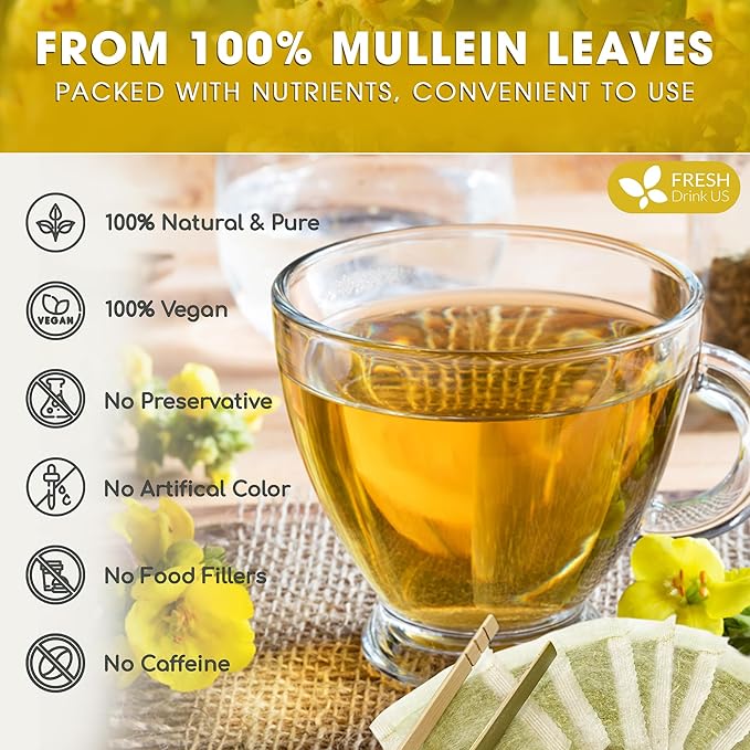 FreshDrinkUS, Premium 35 Mullein Leaf Tea Bags For Lung, 100% Natural & Pure from Mullein Leaves. Loose Leaf Mullein Herbal Tea. Made with Natural Material Tea Bags. No Sugar, No Caffeine, No Gluten, Vegan.