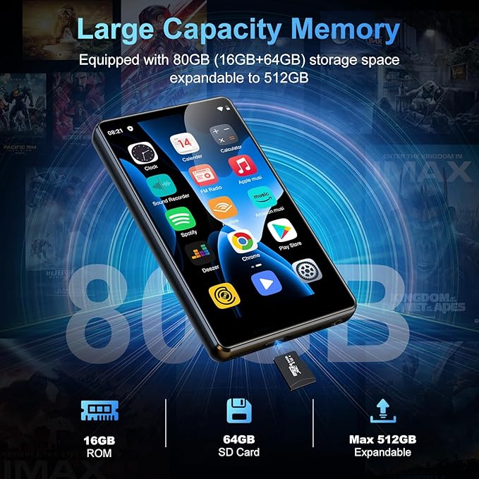 80GB MP3 Player with Bluetooth and WiFi, SWOFY M503Pro Mp3 & Mp4 Music Player with Spotify, Amazon Music, Audible, Browser, 4.0" Touch Screen Android Player with Speaker, FM Radio, Up to 512GB Black
