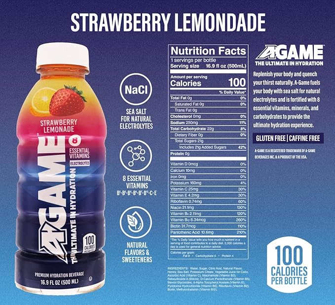 A-GAME Sports Drink, Strawberry Lemonade, The Ultimate Hydration Sports Beverage for Athletes, 8 Essential Vitamins including B, C, & E plus Natural Sea Salt Electrolytes, All Natural Flavors & Sweeteners, Gluten Free, 16.9 Fl Oz (Pack of 12)