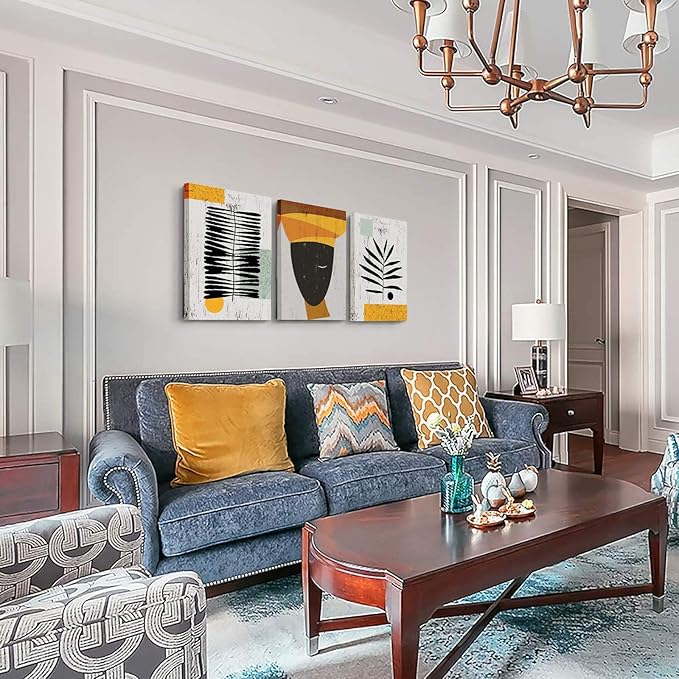 Framed Canvas Wall Art African Ethno Motive Wall Art Set, Abstract Ethno Art, African American Woman Portrait, Black Orange Print, Contemporary Collage, Minimalist (A-3pcs,16x24inchx3pcs)