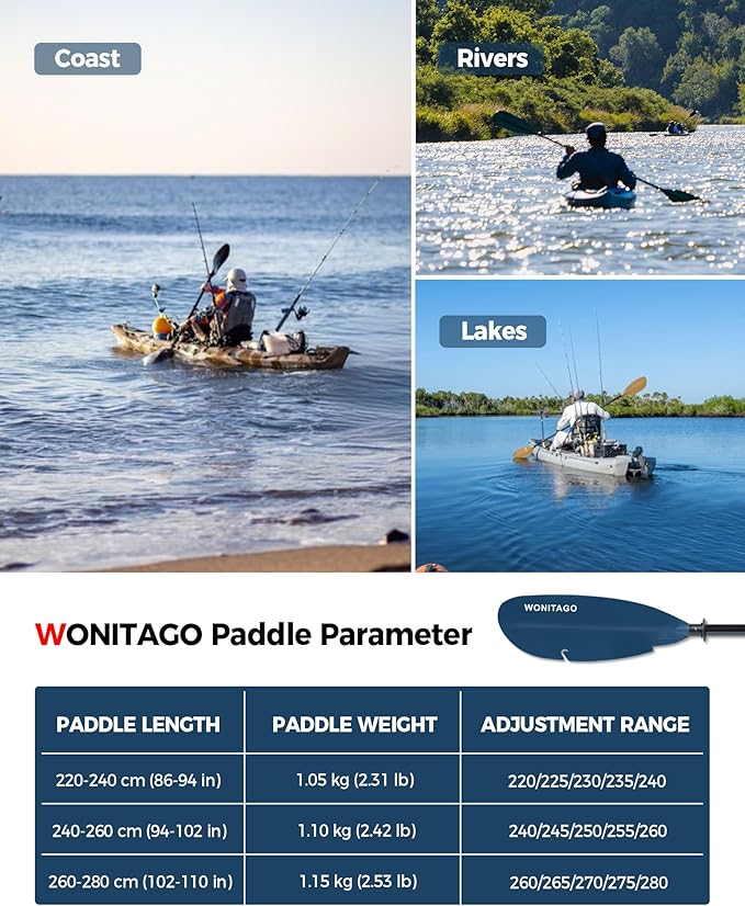 Angler Kayak Paddle with Fiberglass Shaft and Plastic Blade, Floating Adjustable Fihsing Kayak Oar, 220-240 cm/86-94", 240-260 cm/94-102", 260-280 cm/102-110"