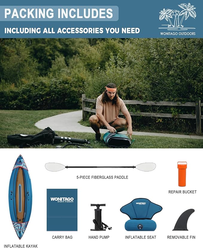 Inflatable Kayak, Portable Ripstop Oxford Cloth Recreational Touring Kayak with Fiberglass Kayak Paddle, Hand Pump and Carrying Bag, 1/2 Person