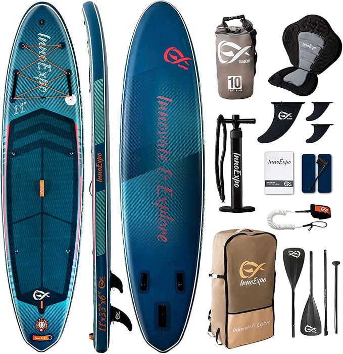 InnoExpo 11' Inflatable Stand Up Paddle Boards with Premium Accessories, Wide Stable SUP Paddle Board Design, Non-Slip Comfort Deck for Youth & Adults