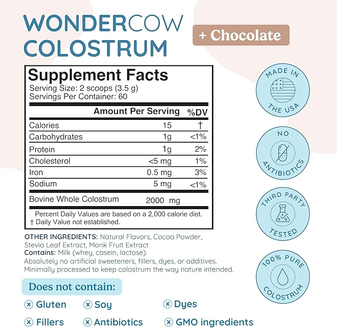 Colostrum Supplement Powder for Gut Health, Immune Support, Muscle Recovery & Wellness | Natural IgG Pure Whole Bovine Colostrum Superfood, Chocolate, 60 Servings