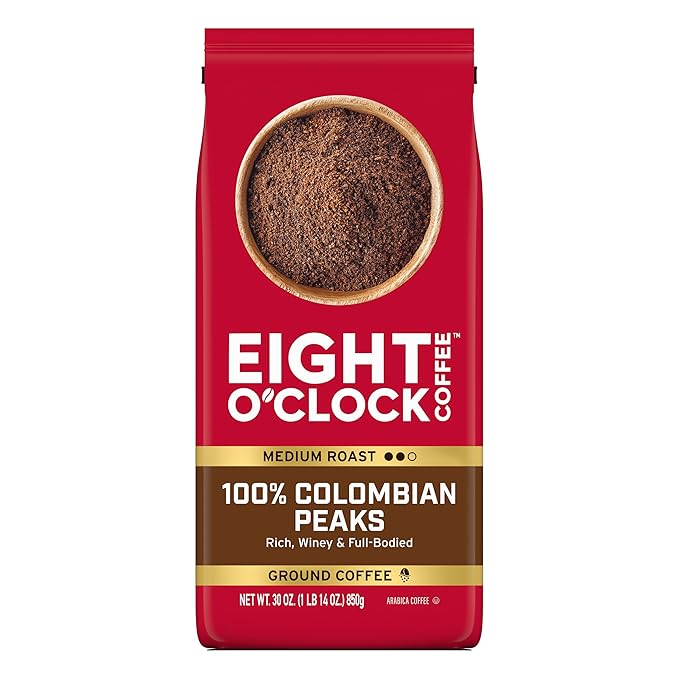 Eight O'Clock Coffee 100% Colombian Peaks Ground Coffee, Medium Roast, 30 Ounce (Pack of 1) - Rich, Winey & Full Bodied