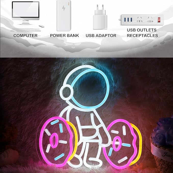 Astronaut Lifting Donut Neon Sign Astronaut Donut Neon Light Astronaut Light Sign Dimmable Bakery LED Neon Light for Club Decor Man Cave Game Room Bar Pub 12.5"×12.7"