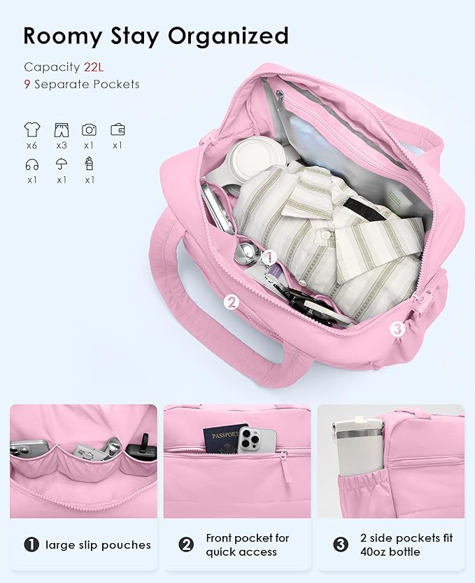 Gym Bag for Women, Travel Duffle Bags with Wet Pocket, Lightweight Carry on Bag Overnight Weekender Duffel Bag, Water Resistant (Bright Pink)