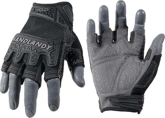 HANDLANDY Fingerless Work Gloves for Men, Padded Half Finger Tactical Mechanics Gloves, Utility Trucker Driver Gloves (Black, X-Large (Pack of 1))