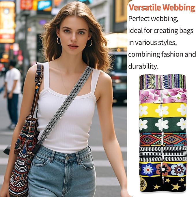 Assorted-Color Printed Nylon Webbing 1 1/2 inch 16 Yards Thick Patterned Fabric Webbing Luggage Handle Jacquard Ribbon for Backpack Bags-Seatbelt-Clothing-Sewing-DIY Crafts & Projects Supplies