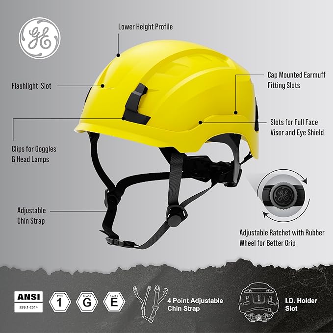 GE Safety Helmet, Impact Absorbing Tech, Adjustable Ratchet, ANSI Type 1, Memory Foam Padding, Hard Hats Protection, Lightweight, Durable, Chin Strap, Comfortable Fit OSHA Approved