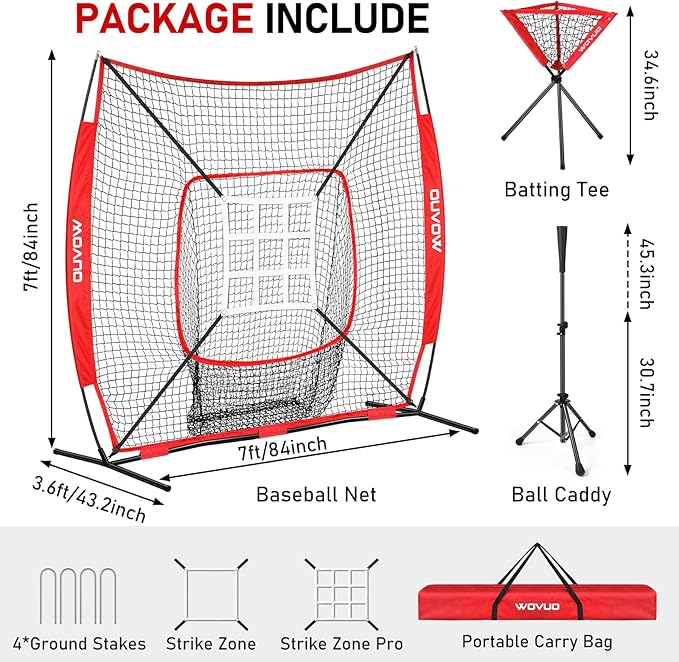 7x7 ft Baseball Net for Batting Pitching Hitting, Softball Pitching Net with Strike Zone, Tee, Ball Caddy, Softball Batting Net Baseball Training Equipment for Kids Adult Youth Sport Practice