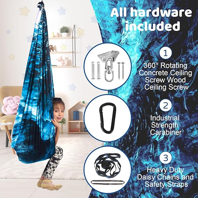 Double Layer Sensory Swing for Kids & Adults Holds up to 300lbs Indoor and Outdoor Therapy Cuddle Swing with 360° Swivel Hanger Kit Adjustable with Aspergers Autism ADHD (Ice Teal)