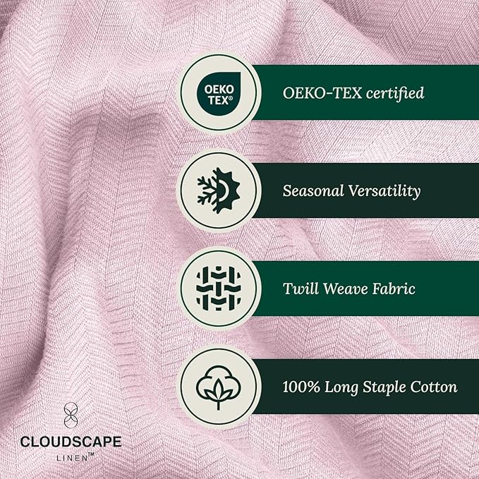 Cloud Scape Linen Herringbone Cotton Twin Blanket for Couch, Bed,Sofa, Home Decor, Soft, Lightweight, All-Season Bed Blanket, 68 x92, Seashell Pink