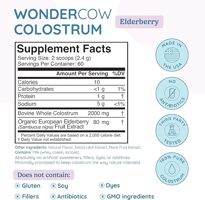Colostrum Supplement Powder for Gut Health, Immune Support, Muscle Recovery & Wellness | Natural IgG Pure Whole Bovine Colostrum Superfood, Elderberry, 60 Servings