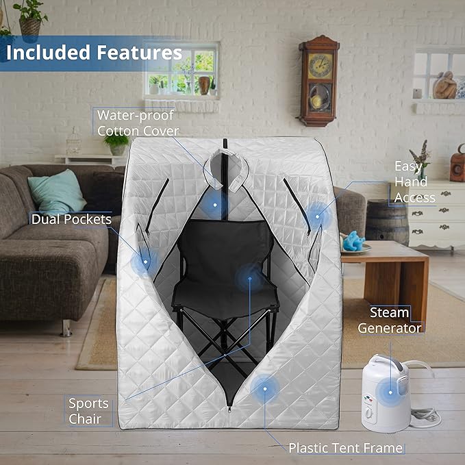 Durasage Oversized Portable Personal Steam Sauna Spa with 800W Steam Generator, 60-Minute Timer, Dual Pockets, Zippered Hand Openings & Chair for at-Home Relaxation (Silver, 33"x31.5"x41")