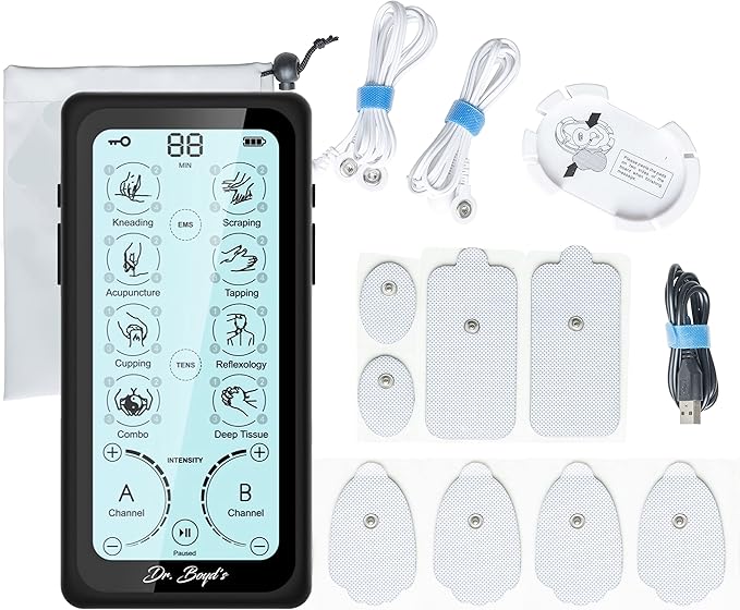 Dr. Boyd's "Advanced X" Touchscreen TENS & EMS Unit -32 Modes, 8 Settings, Large Back-Lit Touchscreen Display, Dual Channel, Re-Chargeable Battery, Automatic Timer, 5 Pairs of Pads, Storage Bag