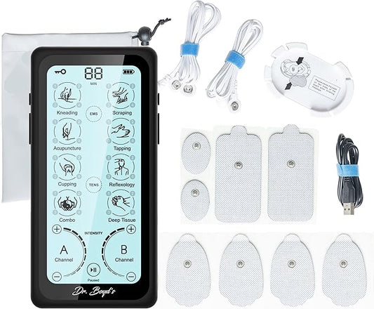 Dr. Boyd's "Advanced X" Touchscreen TENS & EMS Unit -32 Modes, 8 Settings, Large Back-Lit Touchscreen Display, Dual Channel, Re-Chargeable Battery, Automatic Timer, 5 Pairs of Pads, Storage Bag