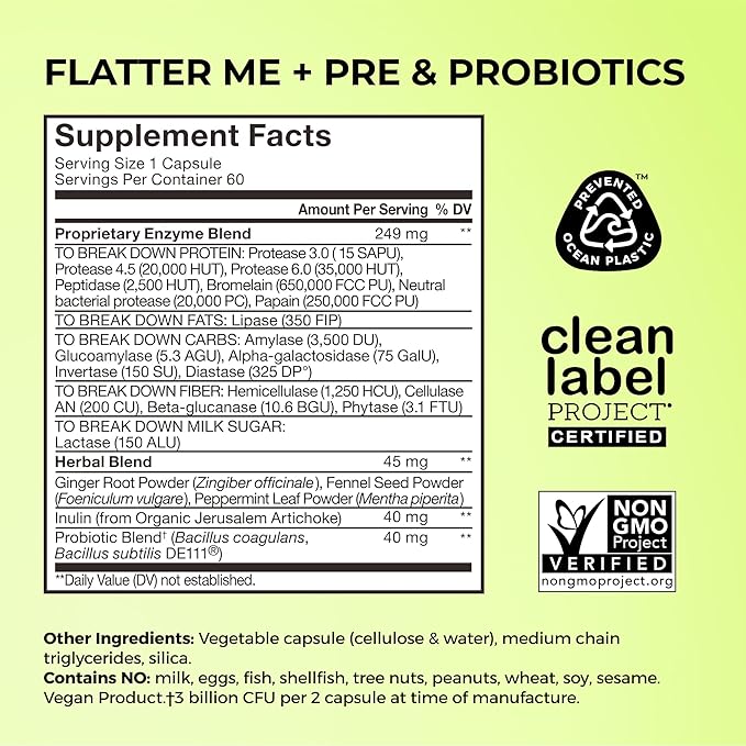 HUM Flatter Me Digestive Enzymes with Probiotics & Prebiotics - Fast-Acting Bloat Relief, Digestive Health and Regularity, Vegan Formula 60 Servings
