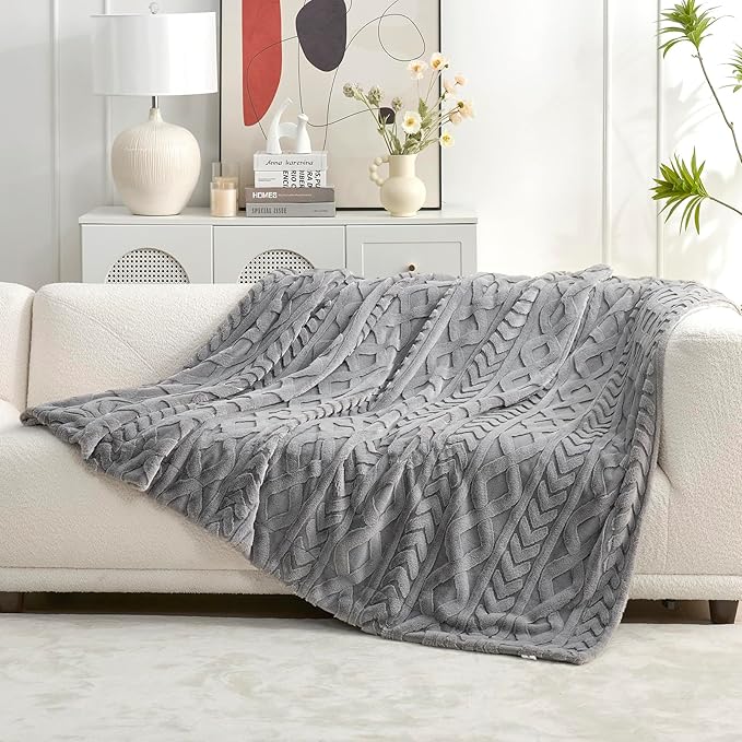 Cozy Bliss Faux Fur Throw Blanket for Couch, Jacquard Fuzzy Plush Soft Thick Winter Throw Blanket for Sofa Bed Living Room Bedroom，50"x60" Grey