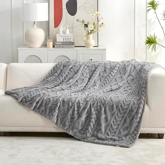 Cozy Bliss Faux Fur Throw Blanket for Couch, Jacquard Fuzzy Plush Soft Thick Winter Throw Blanket for Sofa Bed Living Room Bedroom，50"x60" Grey