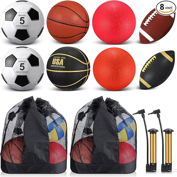 Deekin 8 Pcs Sports Balls Set for Kids Adult Assorted Football Basketball Soccer Playground Balls Official Size with Bags Pumps Outdoor Sports Equipment Athletic Gift Back to School