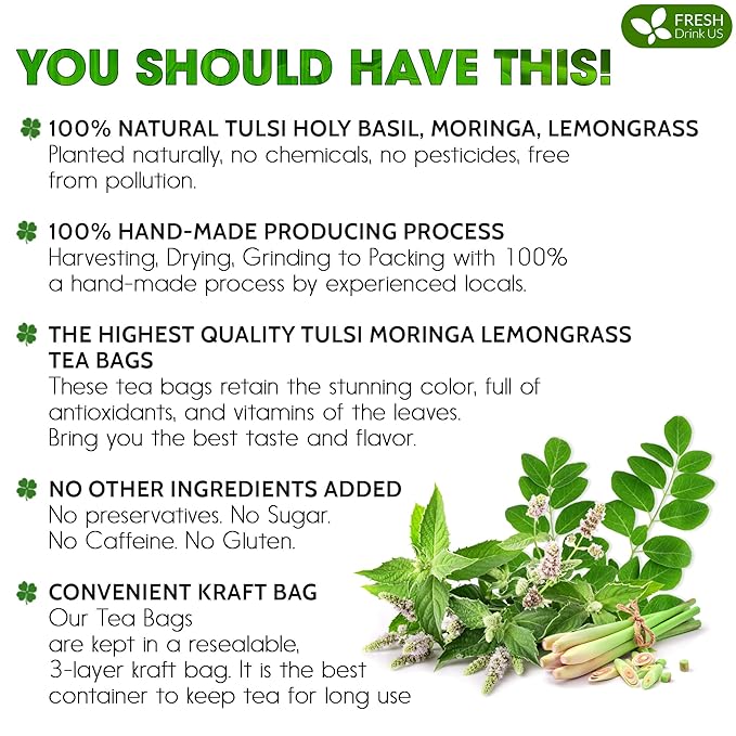 FreshDrinkUS, Premium 75 Tea Bags Tulsi Moringa Lemongrass, 100% Natural & Pure from Tulsi Holy Basil Leaves, Moringa & Lemongrass. Made with Natural Material Tea Bags. No Sugar, No Caffeine, Vegan.