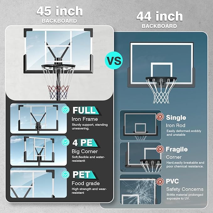 Basketball Hoop Outdoor, 10FT Adjustable Height, Portable Basketball Hoops Goal Court System w/ 45in Shatterproof Backboard for Kids Youth Adults