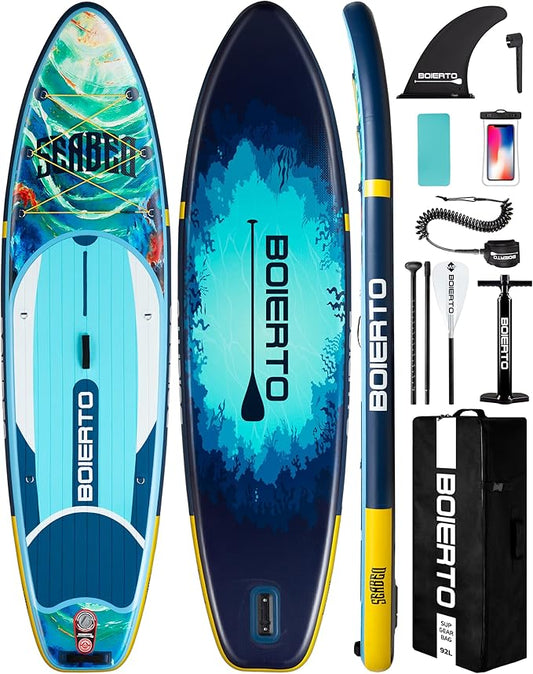 Inflatable Stand Up Paddle Board 10'8“*34"/11'*33" Extra Wide Paddle Boards for Adults, SUP with Premium Accessories & Nylon Backpack, Adjustable Paddle, Hand Pump, Bottom Fin, Leash