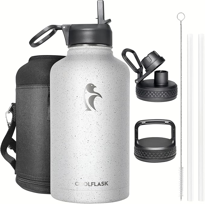Half Gallon Water Bottle Insulated with Straw&3 Lids, Coolflask 64 oz Water Jug Galaxy Large Metal Stainless Steel flask for Gym, Sports and Office, Keep Cold 48H Hot 24H, Arctic White